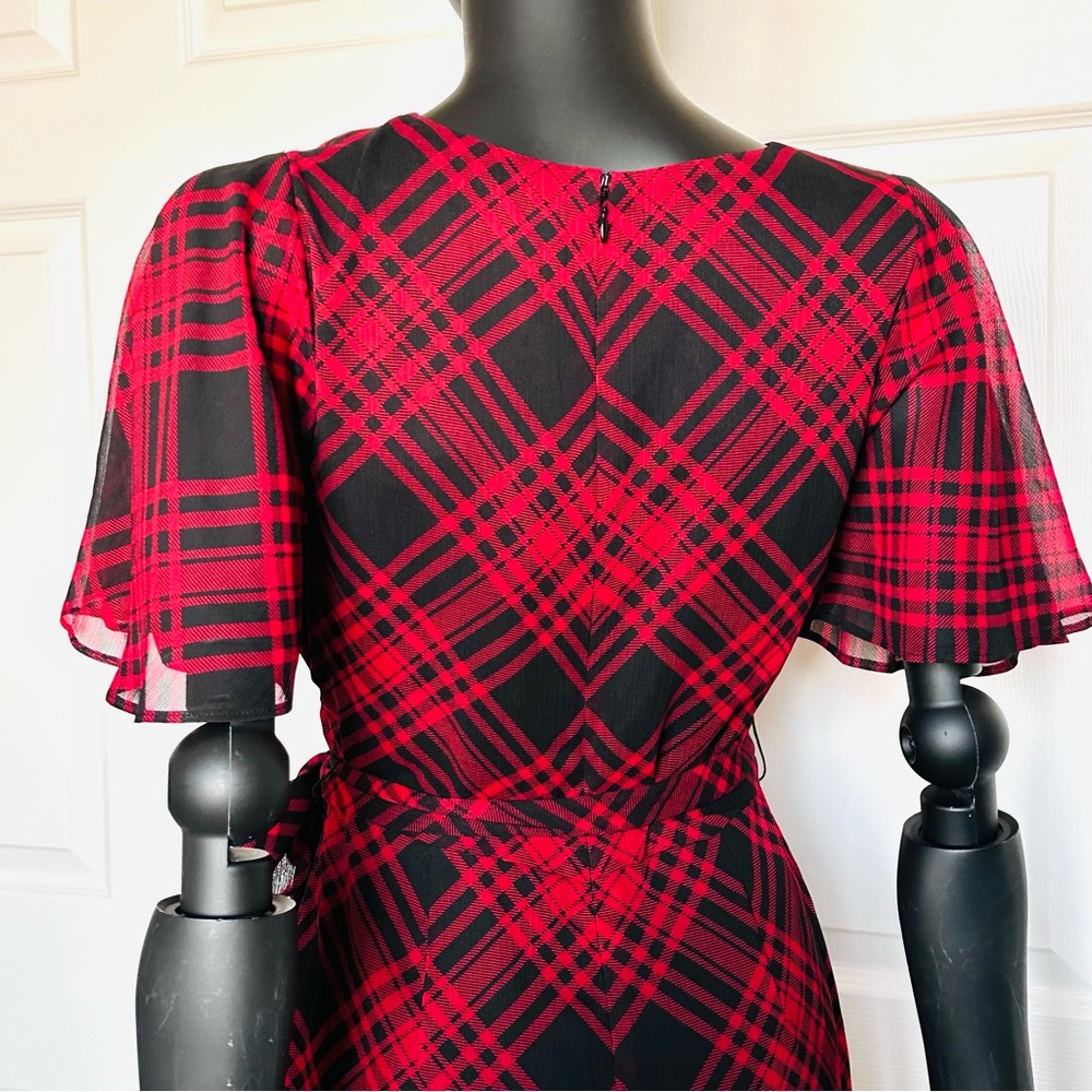 Ralph Lauren red plaid chiffon dress belted flatter short sleeve size 2 - Picture 6 of 14